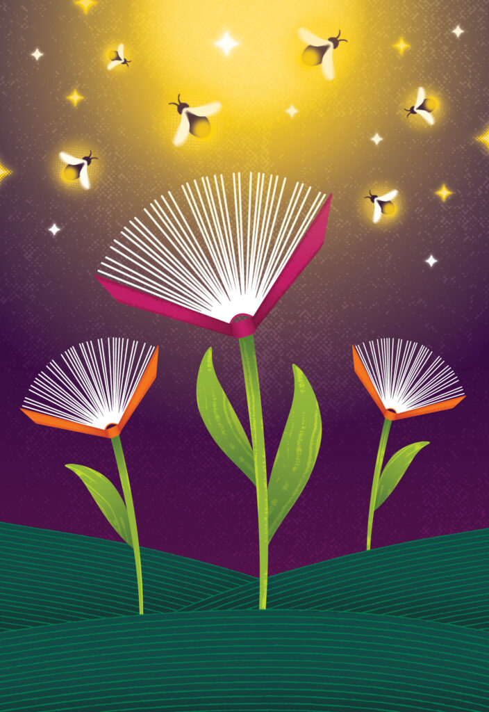 Three open books with pages fanned out like flower petals, blooming on green stems. Fireflies and stars illuminate the