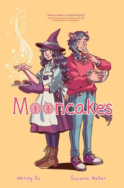 Illustration of two young people, one with a witch hat and apron, the other with cat ears, making mooncakes.