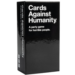 The black box of the party game Cards Against Humanity, featuring white text and the tagline 'A party game for horrible