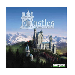 Box art for the board game Castles of Mad King Ludwig, featuring a grand castle on a mountain with snowy peaks in the
