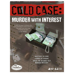 Box art for the board game Cold Case: Murder With Interest, featuring a bank vault with cash and jewelry inside.