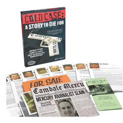 Box for the Cold Case: A Story to Die For board game, with game components including photos, newspaper clippings, and