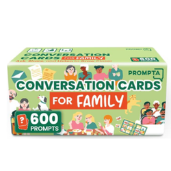 Box of Prompta Conversation Cards for Family, featuring illustrations of diverse families and pets, with 600 prompts.