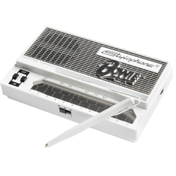 White Stylophone Bowie edition with stylus resting on the keyboard.