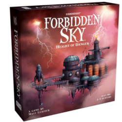 Forbidden Sky board game box art featuring a stormy sky with lightning and a floating industrial platform with rockets.