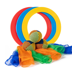 Three colorful juggling balls and three juggling scarves are arranged in front of three brightly colored juggling rings.