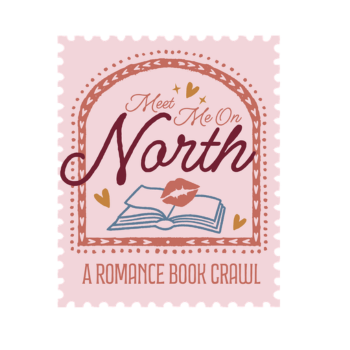 Postage stamp with book and cursive text saying meet me on North